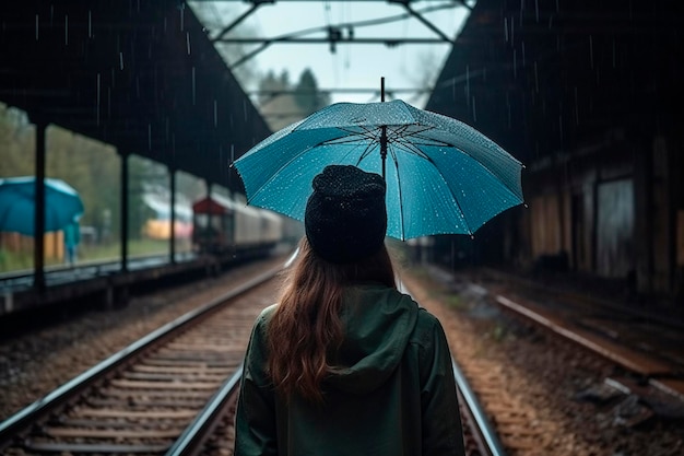 Jeune femme à la gare avec parapluie sous la pluie