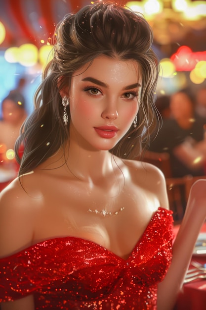 Une jeune femme glamour dans une robe rouge étincelante à un événement festif avec une coiffure et un maquillage élégants