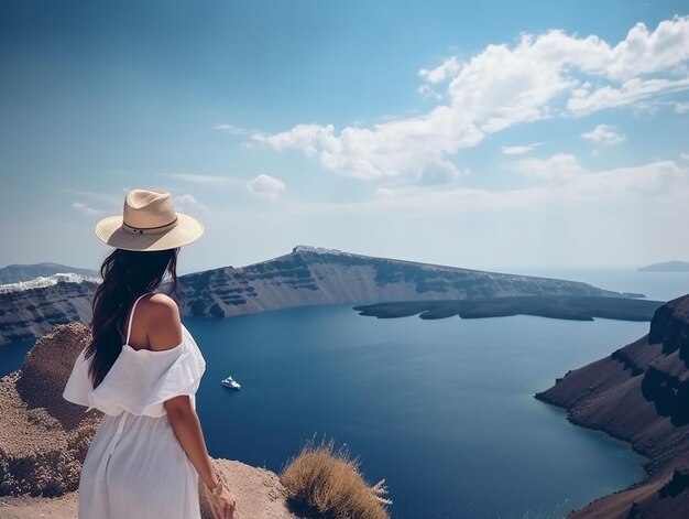 La jeune femme en Grèce du balcon regarde le paysage