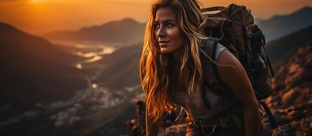 Une jeune femme grimpe au coucher du soleil.