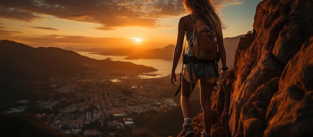 Une jeune femme grimpe au coucher du soleil.