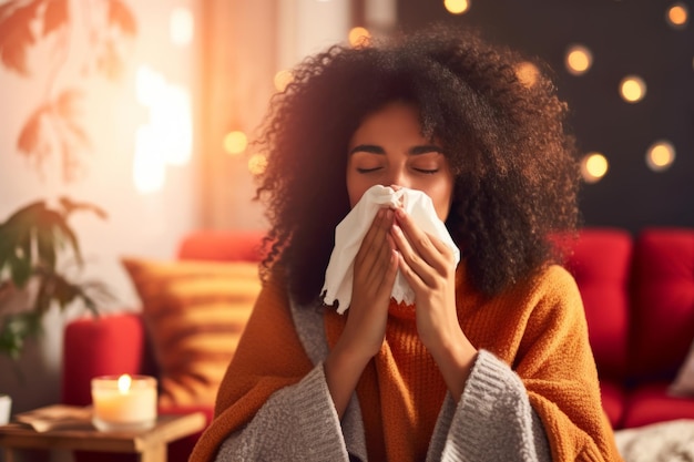 Jeune femme grippée se mouchant à l'aide d'un tissu gérant les symptômes et cherchant un soulagement