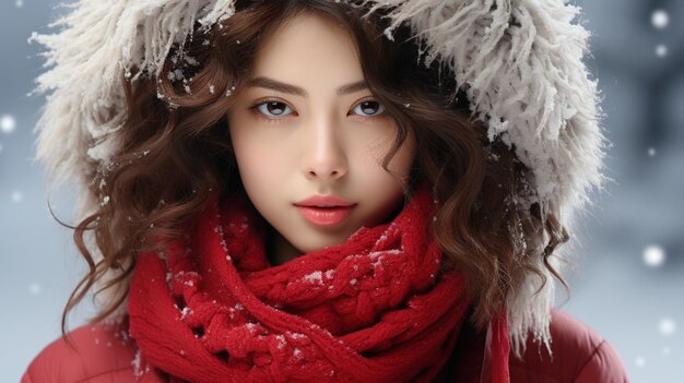 Jeune femme en gros plan avec des vêtements de tricot chauds rouges de mode hivernale