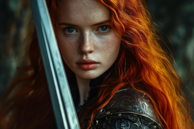 Photo une jeune femme guerrière intense aux cheveux rouges de feu.