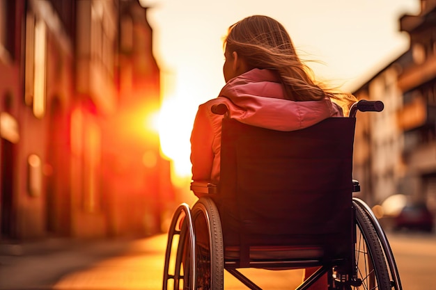 Jeune femme handicapée dans un fauteuil roulant lors d'une promenade au coucher du soleil