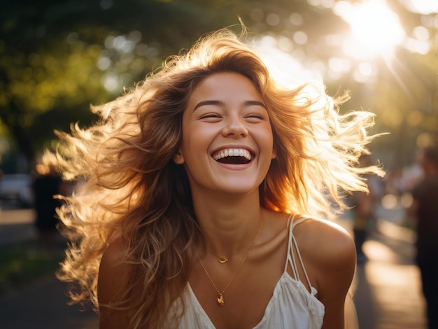 Une jeune femme heureuse appréciant le coucher de soleil en ville une jeune femme heureux appréciant la couche de soleil en th