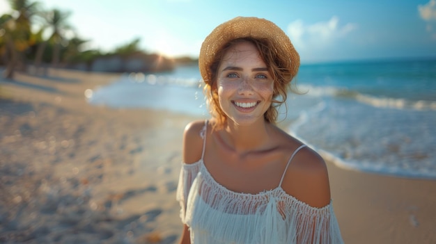 Une jeune femme heureuse apprécie le coucher de soleil sur une plage tropicale