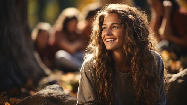 Une jeune femme heureuse assise dans l'herbe et riant.