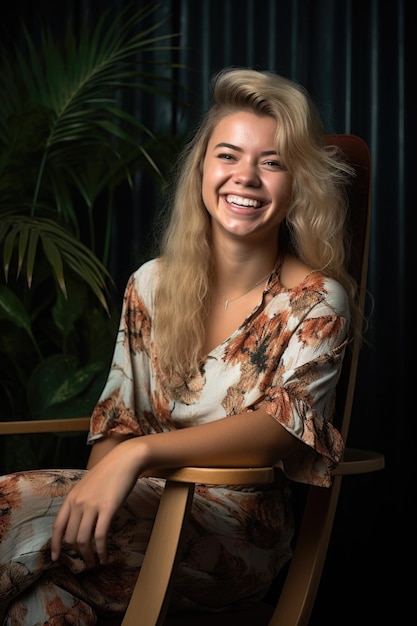 Une jeune femme heureuse assise sur sa nouvelle chaise et souriante heureuse créée avec l'IA générative