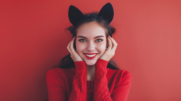 Photo une jeune femme heureuse aux oreilles de chat noir isolée sur un fond rouge