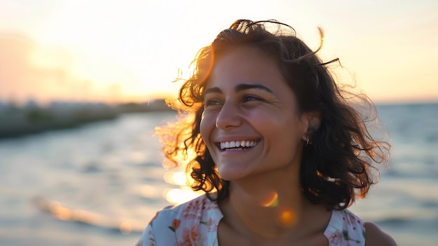 Photo une jeune femme heureuse et belle souriant au bord de la plage une fille délicieuse appréciant le soleil ai générative