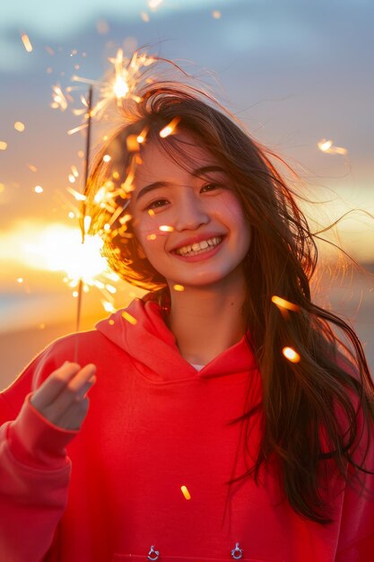 Photo une jeune femme heureuse en capuche rouge appréciant sparkler au coucher du soleil célébration de moments joyeux et