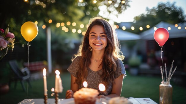 Une jeune femme heureuse célèbre son anniversaire dans le jardin de sa maison avec des décorations comme des bougies de gâteau, des ballons et des lumières.