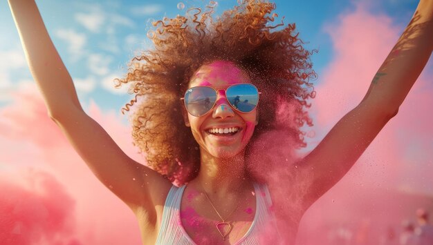 Une jeune femme heureuse avec des cheveux bouclés et des lunettes de soleil s'amusant au festival de Holi