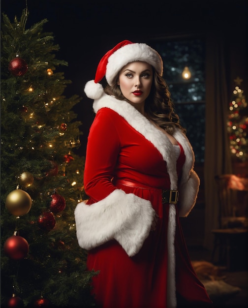 Jeune femme heureuse dans un chapeau de Père Noël célébrant Noël à l'intérieur avec des décorations générées par Ai