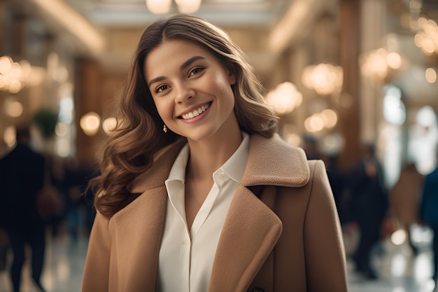 Une jeune femme heureuse dans un élégant manteau en vente dans le centre commercial