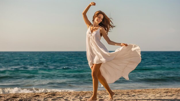 Photo jeune femme heureuse dansant se retournant sur la plage ensoleillée d'été style de mode en robe blanche vac