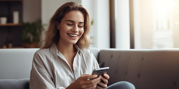 Une jeune femme heureuse et détendue assise sur le canapé tenant un smartphone