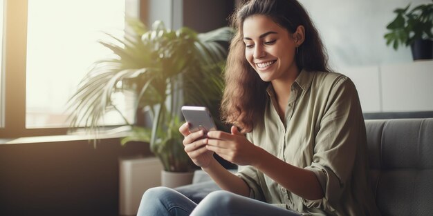 Une jeune femme heureuse et détendue assise sur le canapé tenant un smartphone