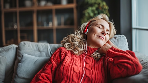 une jeune femme heureuse écoutant de la musique sur des écouteurs alors qu'elle est assise sur le canapé à la maison