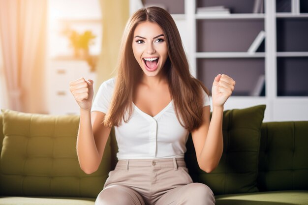 Une jeune femme heureuse et excitée tenant un smartphone assise sur le canapé à la maison, heureuse et satisfaite.