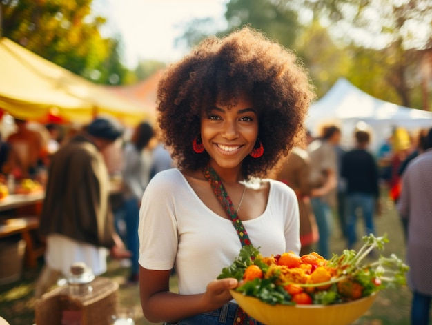 Une jeune femme heureuse faisant du shopping lors d'un festival de marché multiculturel