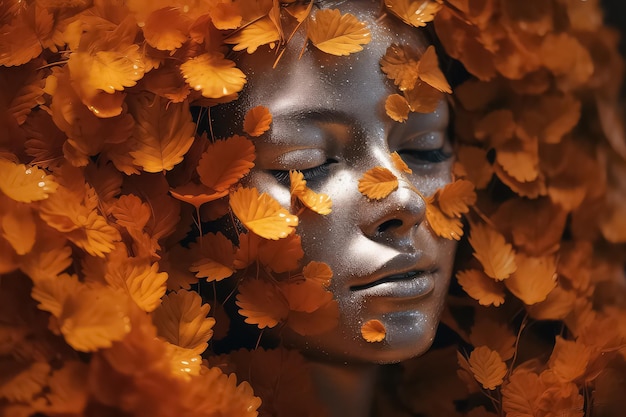 Jeune femme heureuse avec des feuilles d'automne rouges