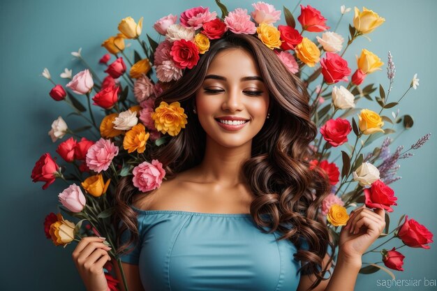 Une jeune femme heureuse avec des fleurs.