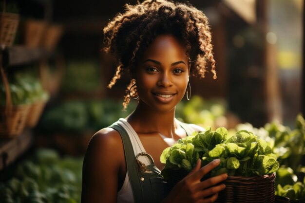 Photo une jeune femme heureuse, un jardinier, cultive de la laitue dans une serre.