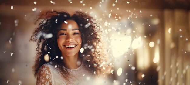 Jeune femme heureuse et joyeuse profitant de la fête Clubbing dansant l'idée de célébration du nouvel an