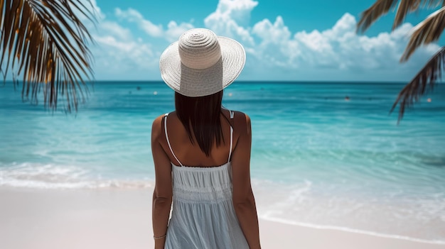 Une jeune femme heureuse en mode décontracté sur la plage.