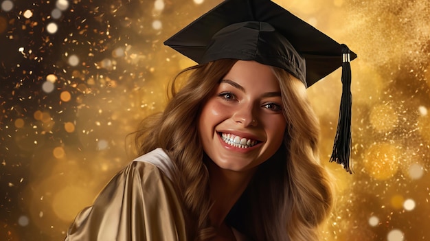 Photo une jeune femme heureuse portant une casquette et une robe de graduation une jeune fille souriante brille de bonheur