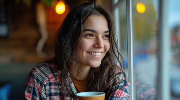 Une jeune femme heureuse portant une chemise à carreaux apprécie le café près de la fenêtre en tenant une tasse à la main.