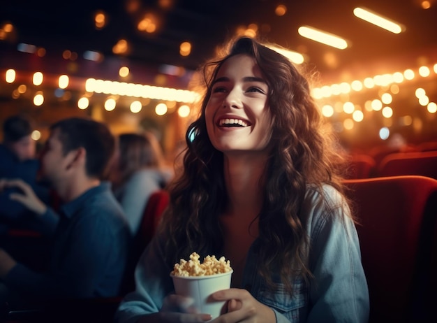 Une jeune femme heureuse regardant un film dans sa cuisine à la maison avec du pop-corn