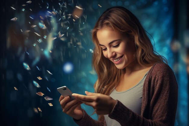 Une jeune femme heureuse regardant son smartphone.
