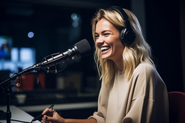 Une jeune femme heureuse riant pendant l'enregistrement d'une émission de radio en direct dans un studio