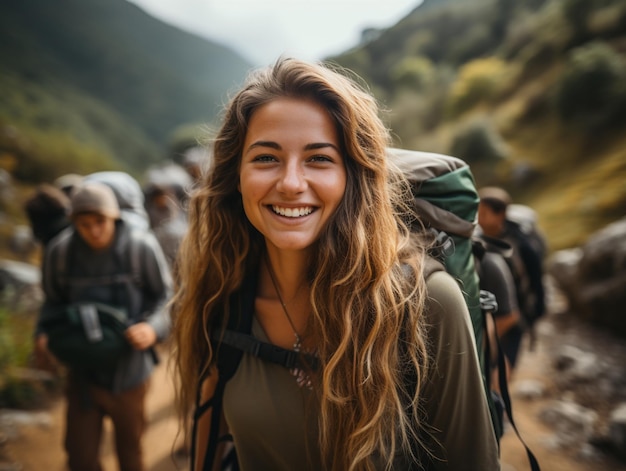 Une jeune femme heureuse, un sac à dos de randonneur pour un voyage d'aventure en montagne.