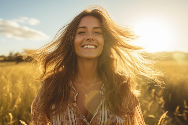 Une jeune femme heureuse et souriante debout dans un champ.