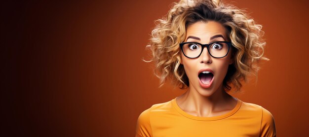 Photo une jeune femme heureuse et surprise en lunettes sur un fond orange avec un espace de copie