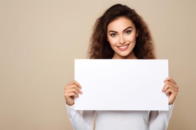 Une jeune femme heureuse tenant un panneau blanc blanc signe portrait de studio isolé