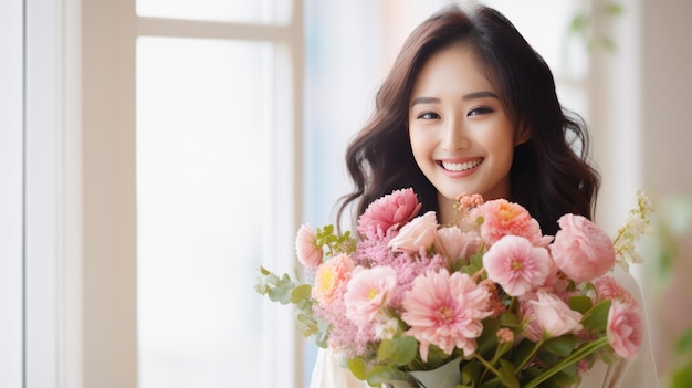 Une jeune femme heureuse tient un bouquet de fleurs dans ses mains.