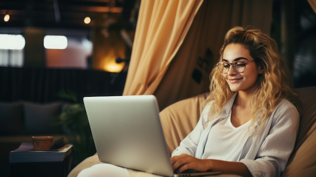 Jeune femme heureuse travaillant sur l'ordinateur portable dans le condominium moderne confortable