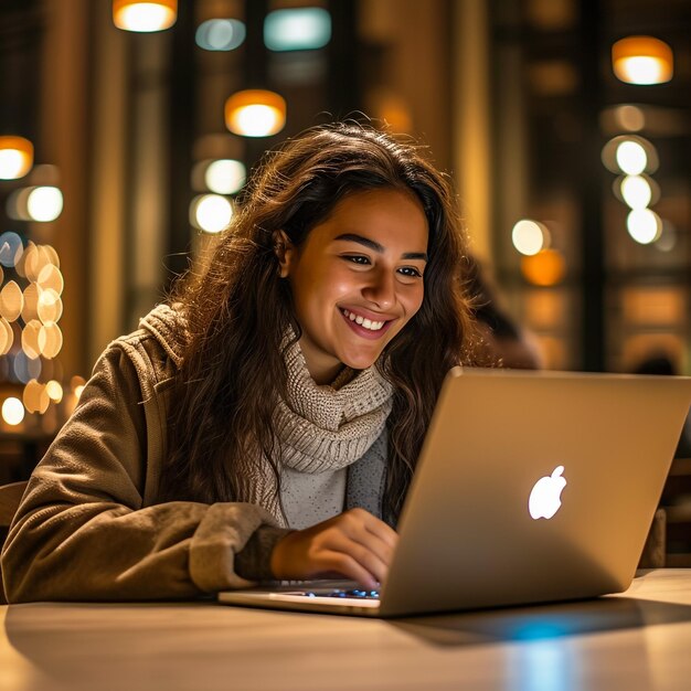 Une jeune femme heureuse utilisant un ordinateur portable assise à son bureau, écrivant des notes tout en regardant un webinar, étudiant en ligne, regardant un écran d'ordinateur, apprenant des cours en ligne ou ayant une réunion virtuelle, travaillant à distance à domicile.