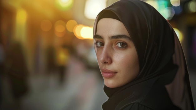 Une jeune femme en hijab avec un regard réfléchi au milieu des lumières douces de la ville