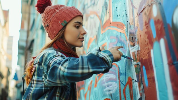 Photo une jeune femme hipster peint des graffitis sur un mur dans un environnement urbain. elle porte un chapeau rouge et une chemise à carreaux.