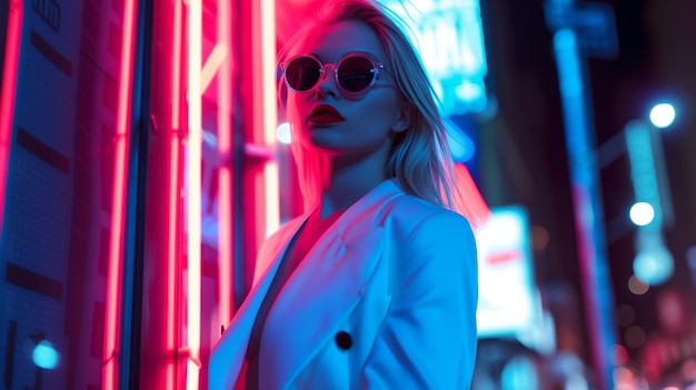 Une jeune femme hipster posant dans la lumière rouge et bleue du néon dans la rue de nuit, un modèle blond chaud.