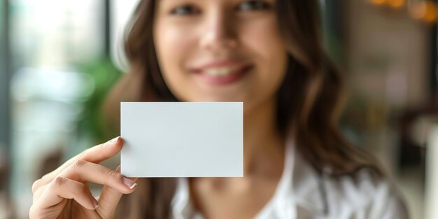 Une jeune femme hipster tenant une carte de visite blanche et souriante