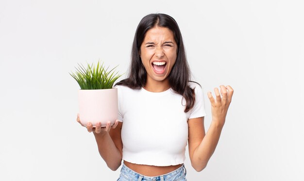 Jeune femme hispanique criant agressivement avec une expression de colère et tenant une plante d'intérieur décorative