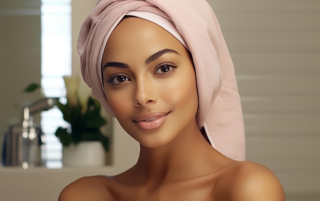 Jeune femme hispanique avec une serviette sur la tête