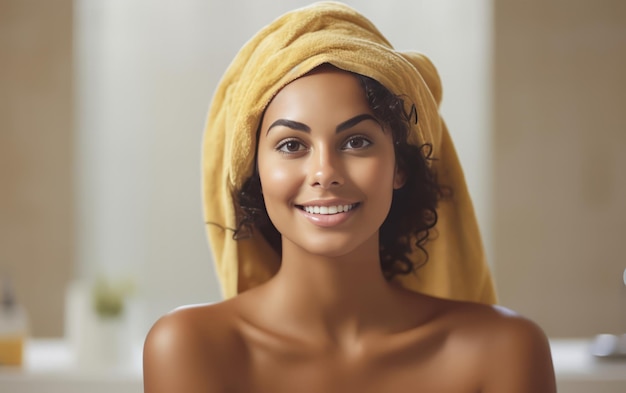 Jeune femme hispanique avec une serviette sur la tête